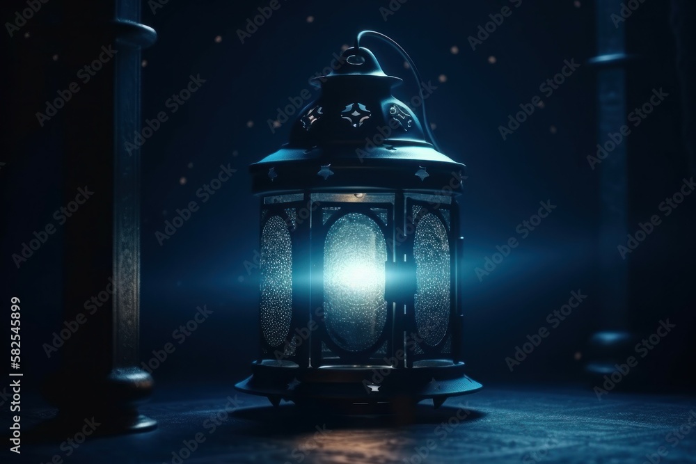 Ornate oriental lantern with beautiful bokeh of holiday lights and mosque in background. AI generated, human enhanced