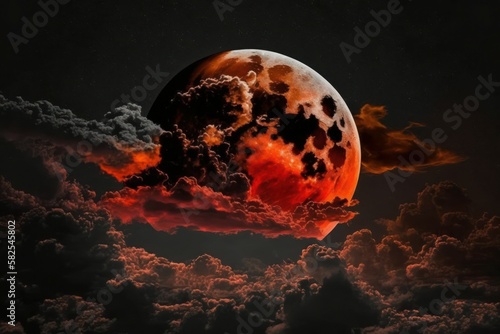 Blood Moon, Red moon, real full blood moon in black sky with cloud. AI generated, human enhanced