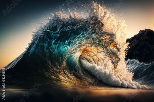 Sea wave on the sandy beach. Travel concept. AI generated © top images