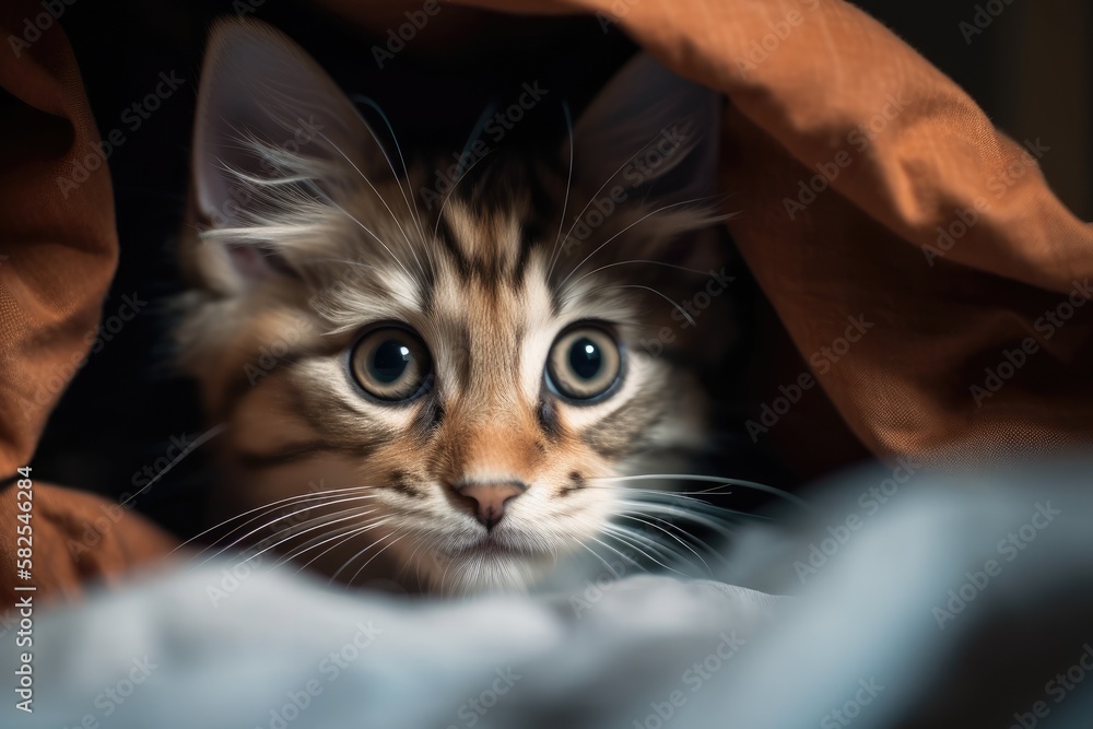 Cute kitten beneath the bed. Generative AI