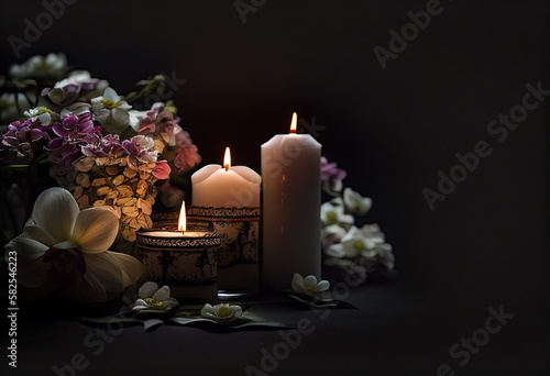 Burning Candles and Flowers on Black Background - Funeral Concept with Space for Text. Generative AI.