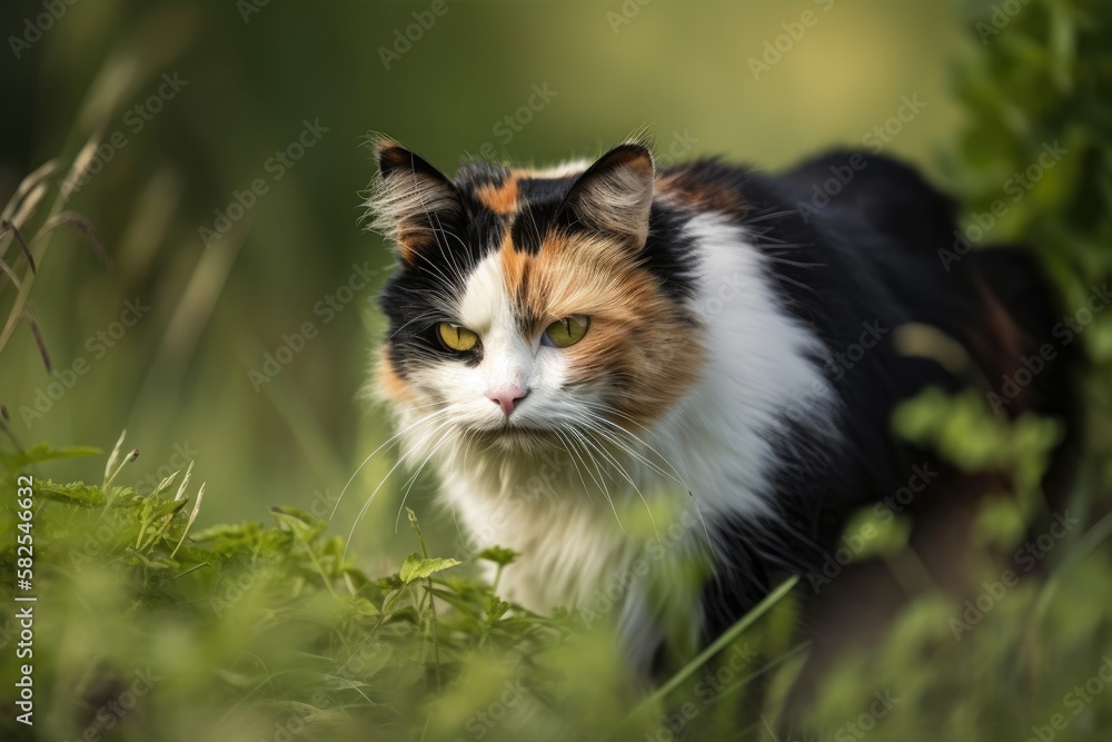 Turning back, an orange, black, and white cat is on a green field. Generative AI