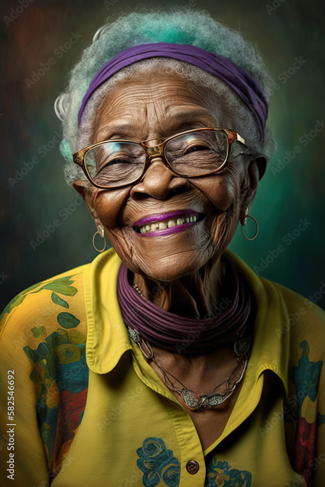 Portrait of a beautiful happy senior African American woman laughing out loud. Colorful pop art style. Granny, grandma, older, senior. Concepts about the elderly. Generative ai. Portrait of a beautiful happy senior African American woman laughing out loud. Colorful pop art style. Granny, grandma, older, senior. Concepts about the elderly. Generative ai.