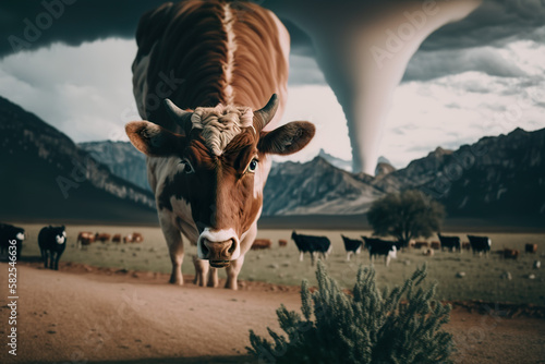 Cows produce methane and other pollutants, which are then released into the atmosphere. Intensive animal husbandry practices are one of the causes of global warming. Double exposure. AI illustration.