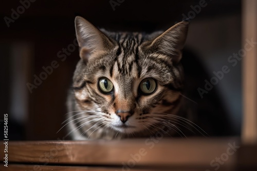 A cute striped cat crouchs on a cupboard. Generative AI