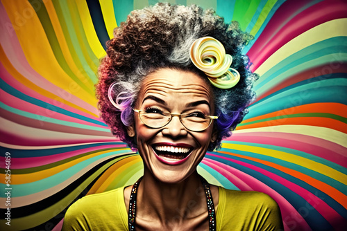 Portrait of a beautiful happy senior African American woman laughing out loud. Colorful pop art style. Granny, grandma, older, senior. Concepts about the elderly. Generative ai.