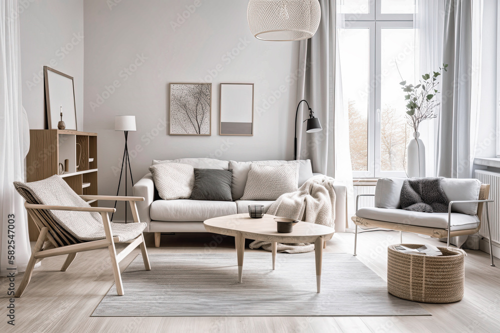 A modern Scandinavian room interior design typically features a minimalist color palette, natural materials such as wood and stone, clean lines, and functional furniture - Generative AI A modern Scandinavian room interior design typically features a minimalist color palette, natural materials such as wood and stone, clean lines, and functional furniture - Generative AI