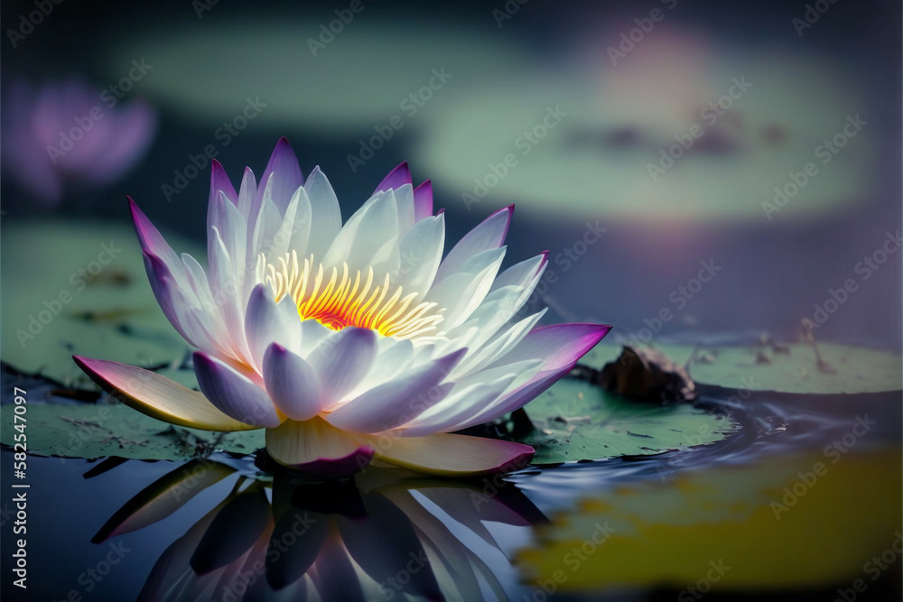 lotus white light purple floating light sparkle background with copy space for text. AI generated