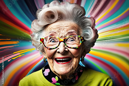 Portrait of a beautiful happy old woman laughing out loud. Colorful pop art style. Granny, grandma, older, senior. Concepts about the elderly. Generative ai.