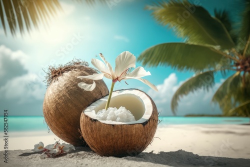 Coconut with flowers under palm trees at the beach. Background with selective focus and copy space. AI generated