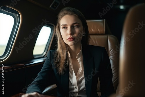 Young business lady in the cabin of a luxury private jet. Travel concept. AI generated, human enhanced © top images