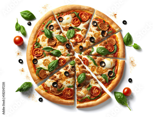 pizza with cheese and olives isolated on a white background. generative ai