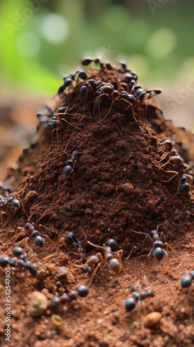 Anthill with ants and room for copy (created with Generative AI)