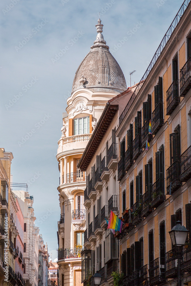 Generic architecture and street view from the Chueca neighborhood of Madrid, Spain