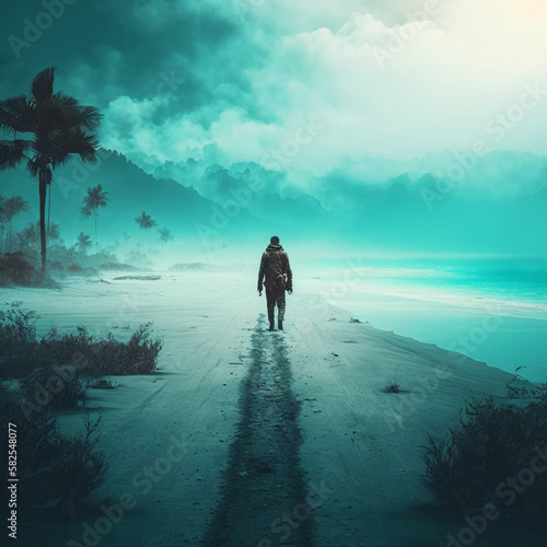 the dusty endless radioactive glacial sea, loneliness in the morning light, misty superb quality lonely beach worker tropicalpunk, Generative IA photo