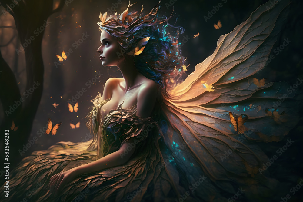 Beautiful fantasy elf woman butterfly queen. Neural network AI ...
