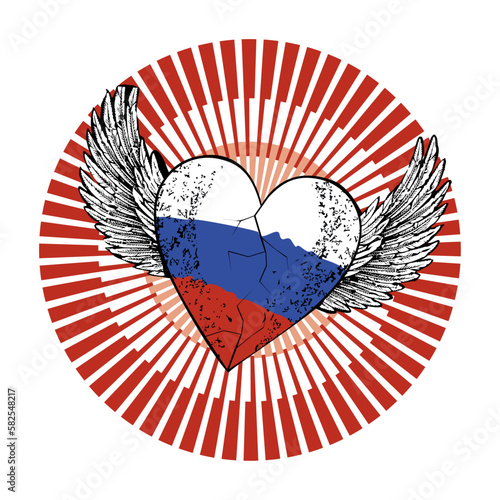 T-shirt design with a winged heart with the colors of the flag of the Russian Federation. Vector illustration about Slavic patriotism.