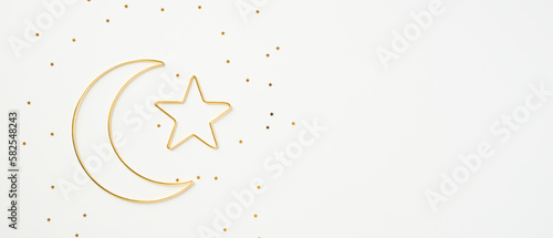 Fényképezés Ramadan Kareem golden crescent moon and star decoration on white background with