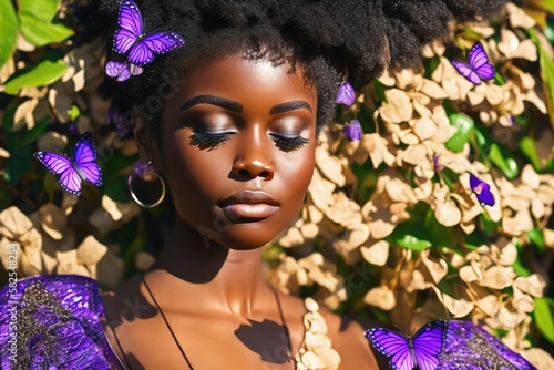 Beautiful face of African American woman surrounded by nature. Purple butterflies, dry leaves. concept of environment, nature, think green, world ecology, save the world, climate change. generative AI © Pictures Paradise