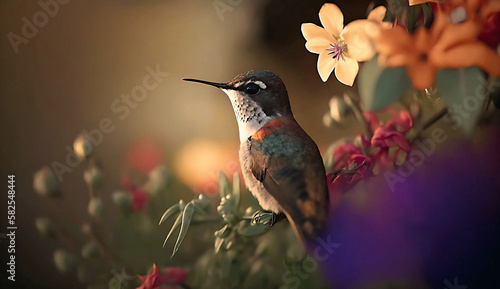 Photo of hummingbird sitting on tree branch with blurred background