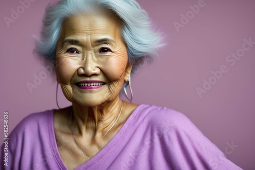 Portrait of beautiful Asian senior woman. Close up. Copy space text. Isolated. Old, grand, grandmother, granny. Ai generative