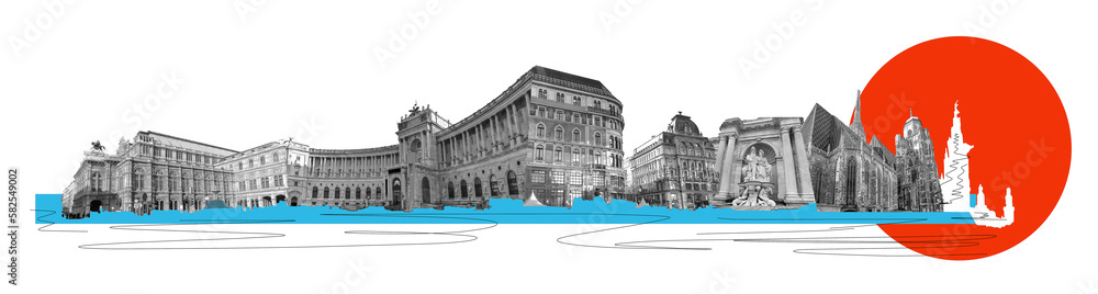 Assorted images of Vienna Austria in collage over white background. Art collage, design
