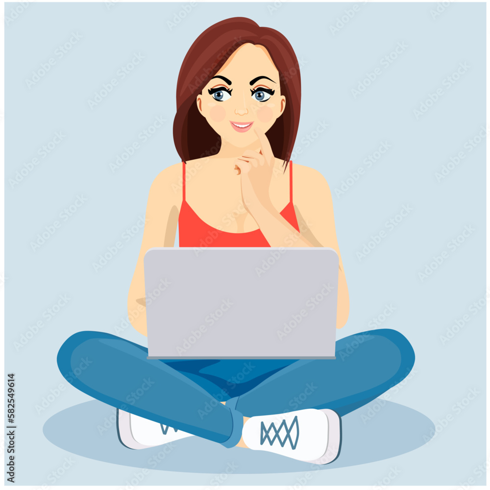 girl working in a laptop on a blue background girl working in a laptop on a blue background