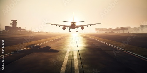 airplane landing at sunset, generative ai