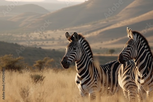 Zebras roaming free in South Africa s countryside. Generative AI