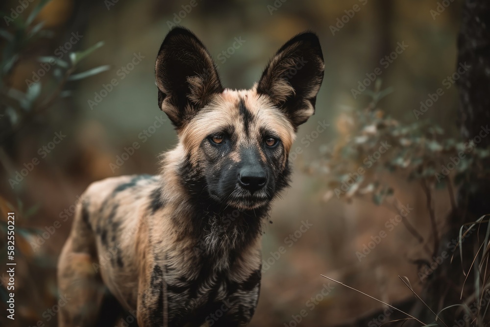 The wild dog is standing and observing warily. Generative AI The wild dog is standing and observing warily. Generative AI