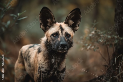 The wild dog is standing and observing warily. Generative AI
