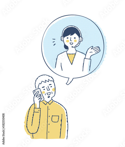 電話で会話するシニア男性とオペレーターの女性