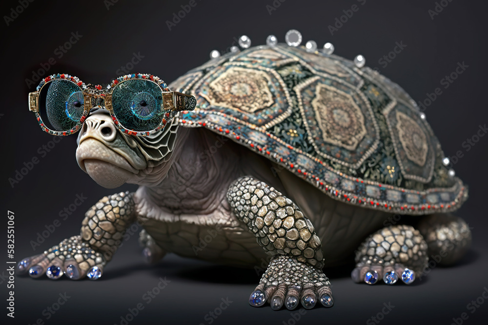 Jewel turtle in luxury glasses. The turtle is covered with emeralds