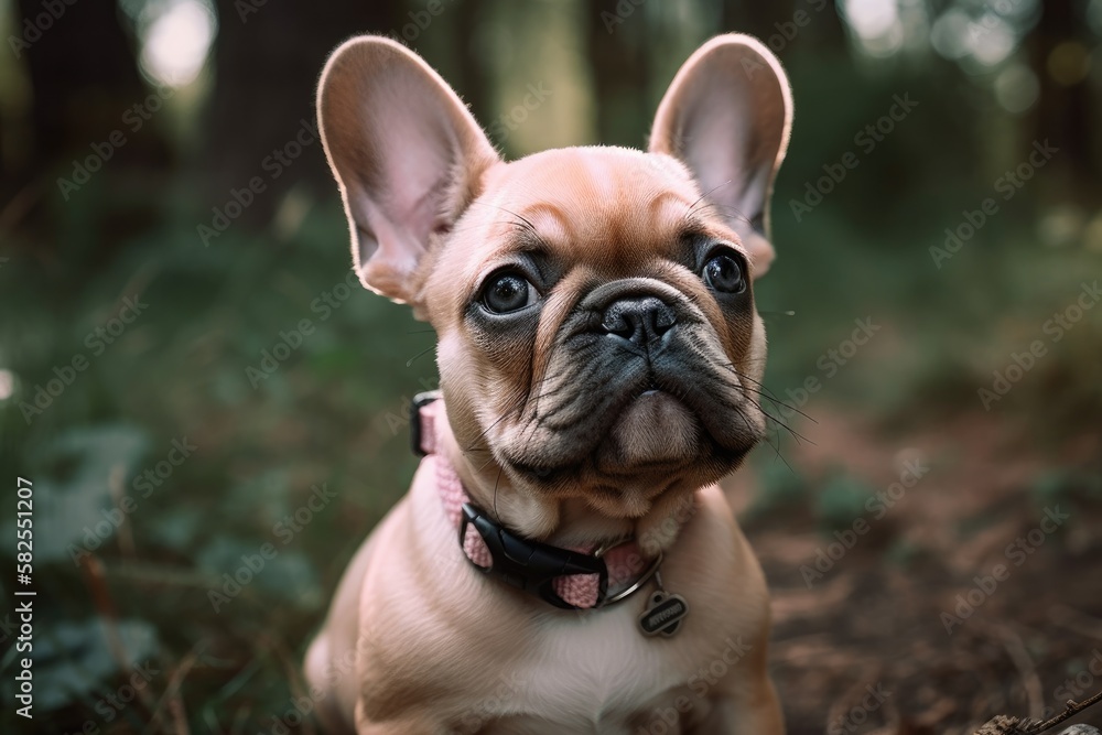 Pink collared French bulldog puppy in a park. lovely dog. Generative AI