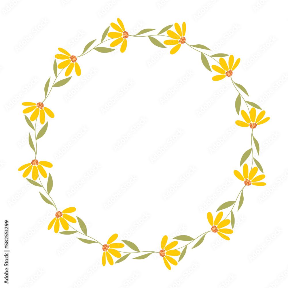 Clip art set of hand drawn simple wreath wildflowers on isolated background. Design for mother's day, Easter, wedding, springtime and summertime celebration, scrapbooking, home decor, paper craft.