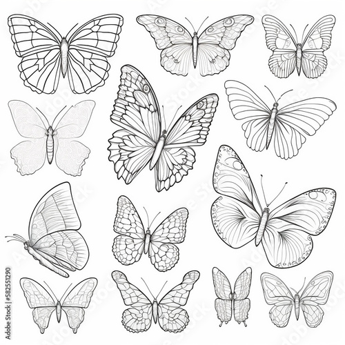 Drawing for coloring many different butterflies close-up  black and white illustration  ai generative