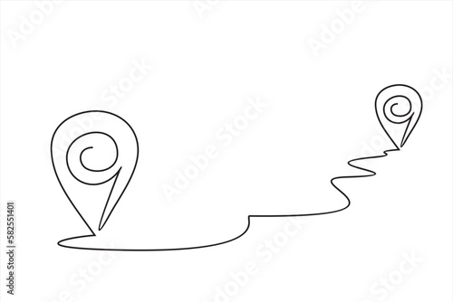 Continuous one line drawing Pointing location at map, hand drawn way destination continuous contour,trendy template direction, gps navigation concept.