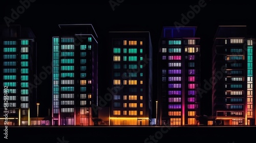 A digital illustration of a row of buildings in a city at night with colorfully lighted windows. Generative AI. 