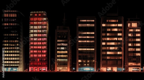 A digital illustration of a row of buildings in a city at night with colorfully lighted windows. Generative AI. 