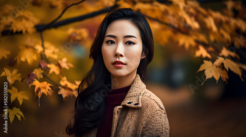 beautiful asian model wearing coat in autumn scenery