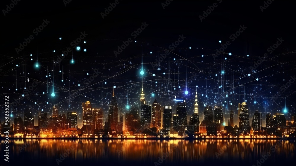 A digital illustration of a city a night with technology connection lines, communication concept. Generative AI. 