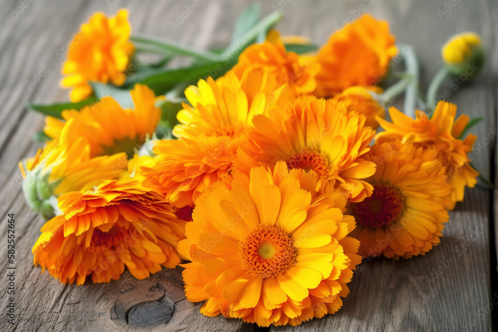 Calendula pictures showcase the bright and cheerful flowers of the Calendula officinalis plant. - obrazy, fototapety, plakaty 