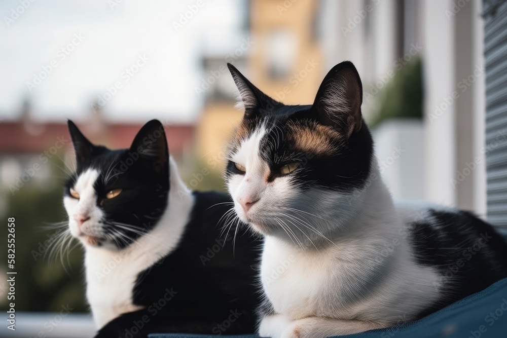 Two adorable cats on a home's balcony. Adorable and sweet white and black female cat rests, loves and sleeps on balcony of flat. Domestic animals, pet notion. Good life of animals at home. Generative