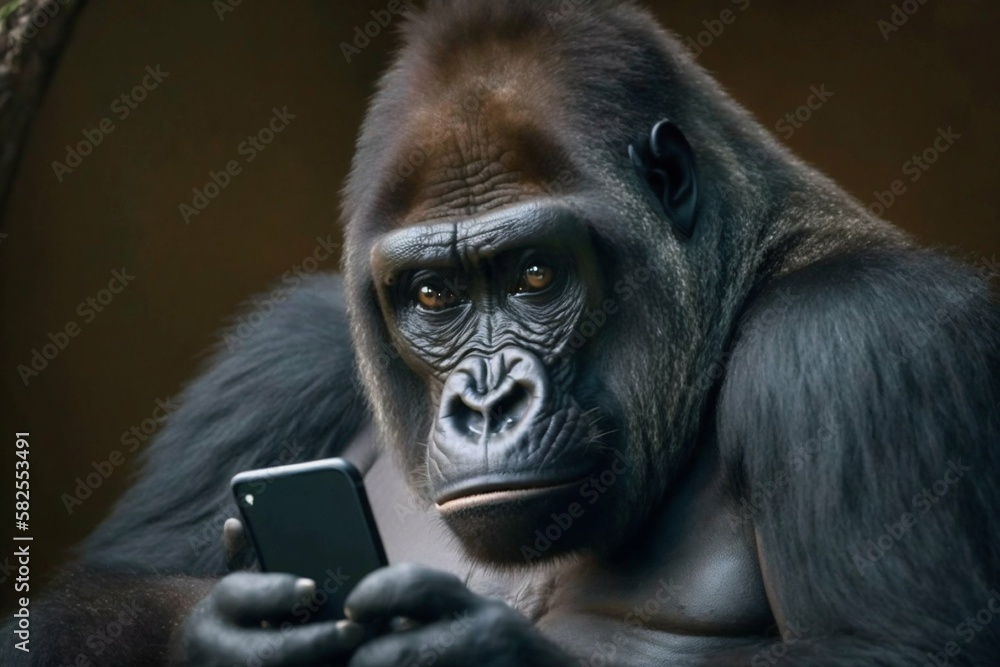 Obraz premium Gorilla monkey looking at smartphone. Generative AI