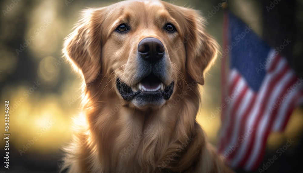 Happy golden retriever dog with American flag in beautiful nature background generative ai