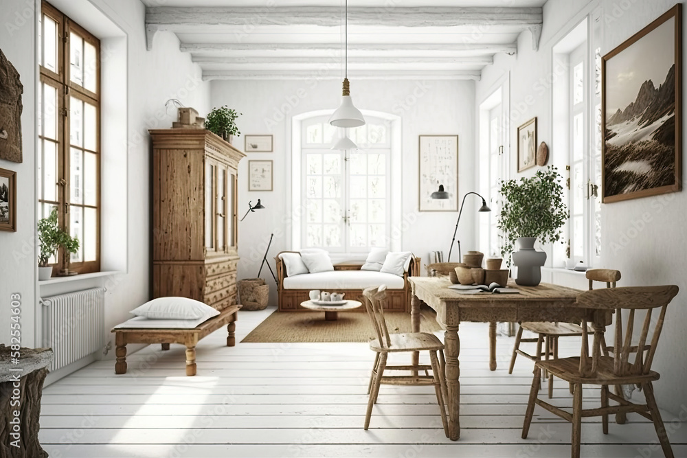 Fototapeta premium Home white room with natural wooden furniture ,generative artificial intelligence