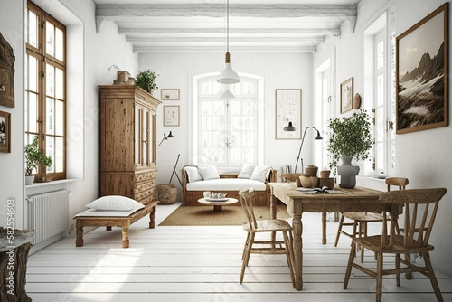  Home white room with natural wooden furniture  generative artificial intelligence