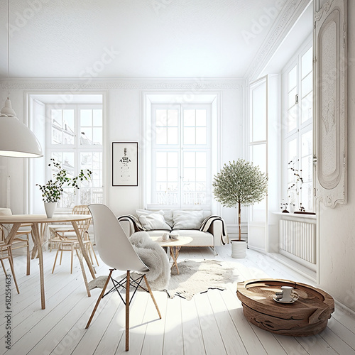  Home white room with natural wooden furniture  generative artificial intelligence