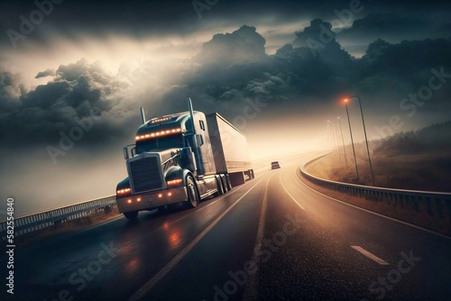 Cargo truck car on a highway. Generative AI © Scrudje