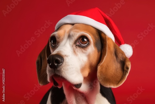 Over a red background, a comical beagle dog wearing a Santa Claus hat. Generative AI © AkuAku